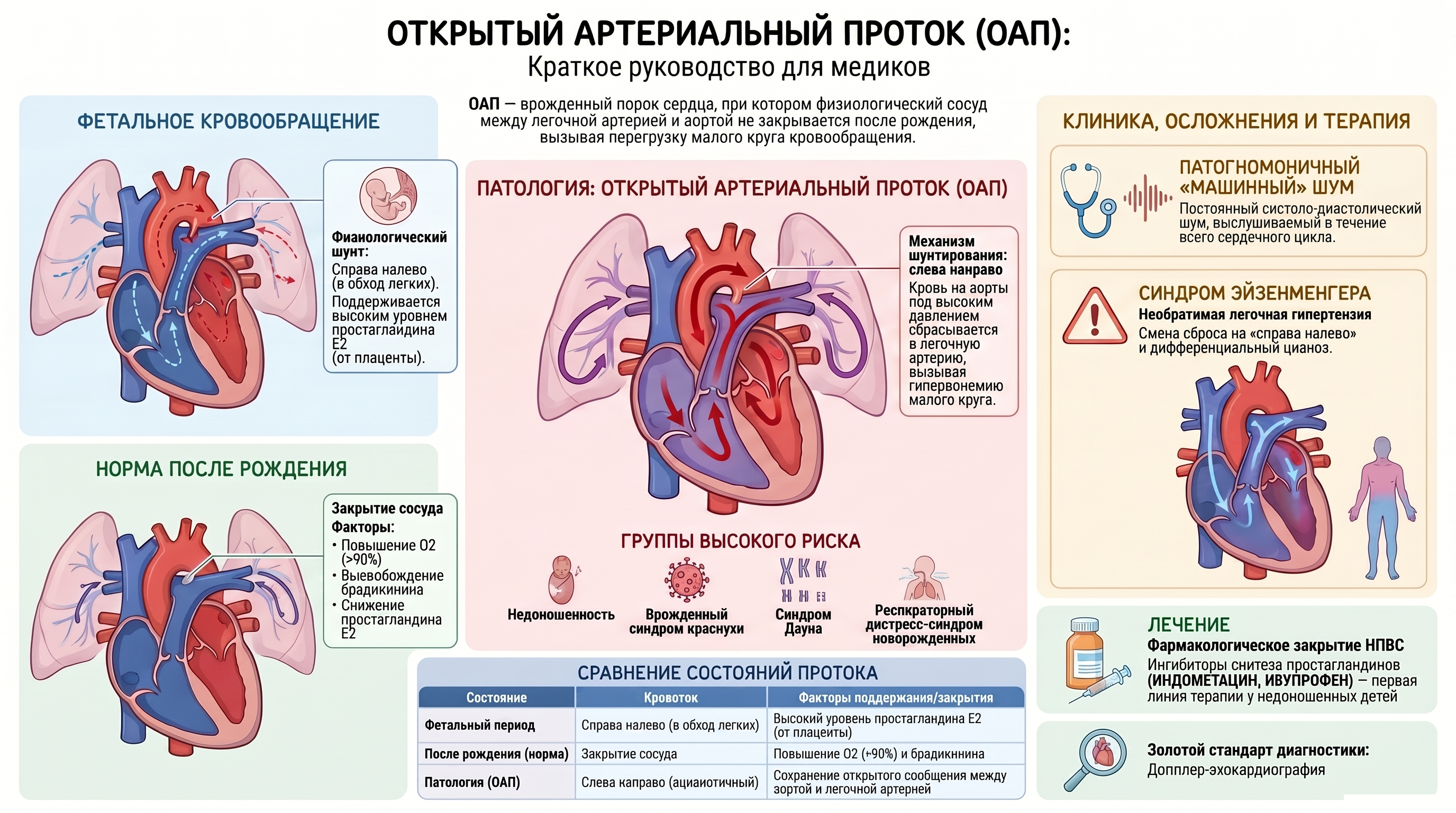 Инфографика: гемодинамика при открытом артериальном протоке до и после рождения