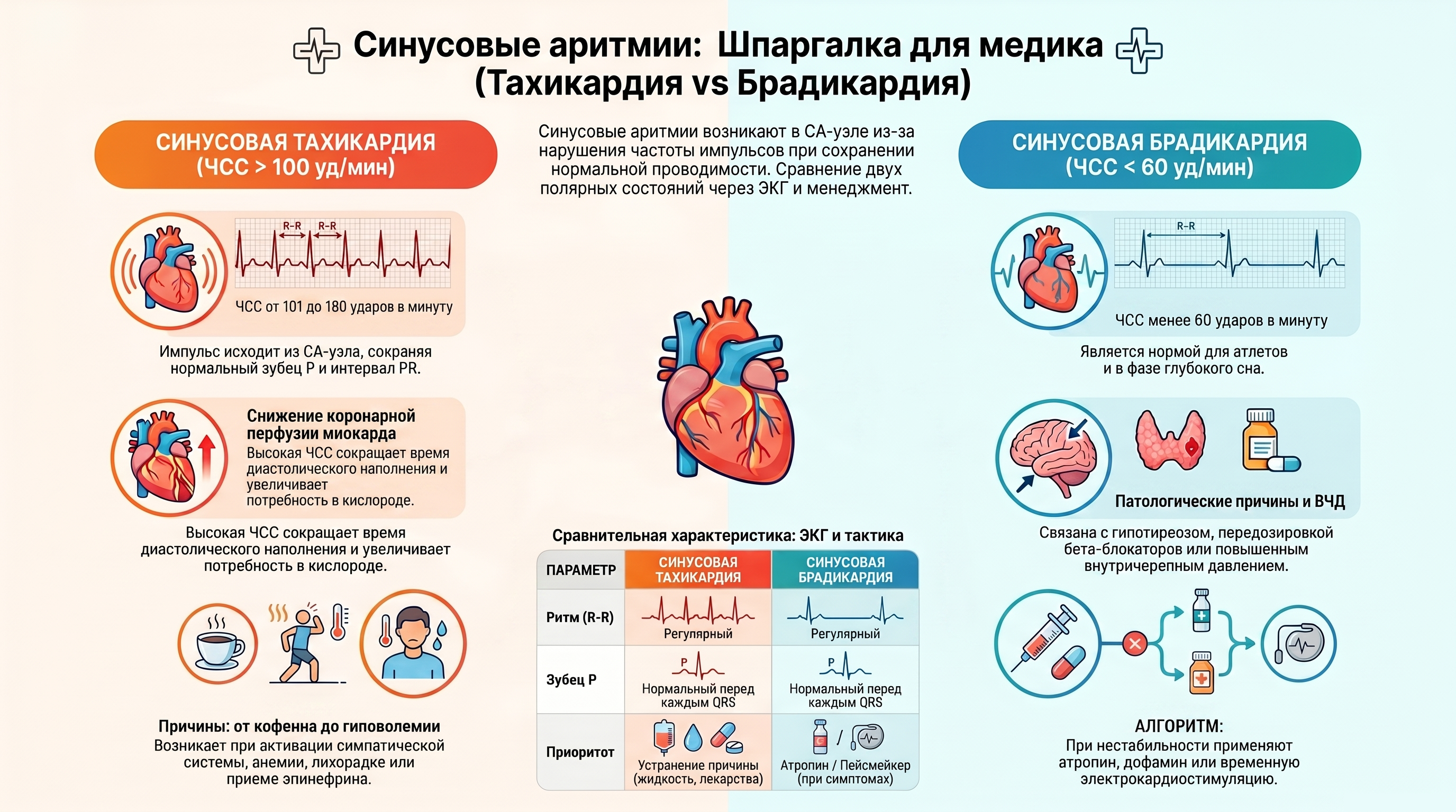 Инфографика: путь электрического импульса в сердце — от синусового узла через АВ-узел, пучок Гиса и волокна Пуркинье до реполяризации