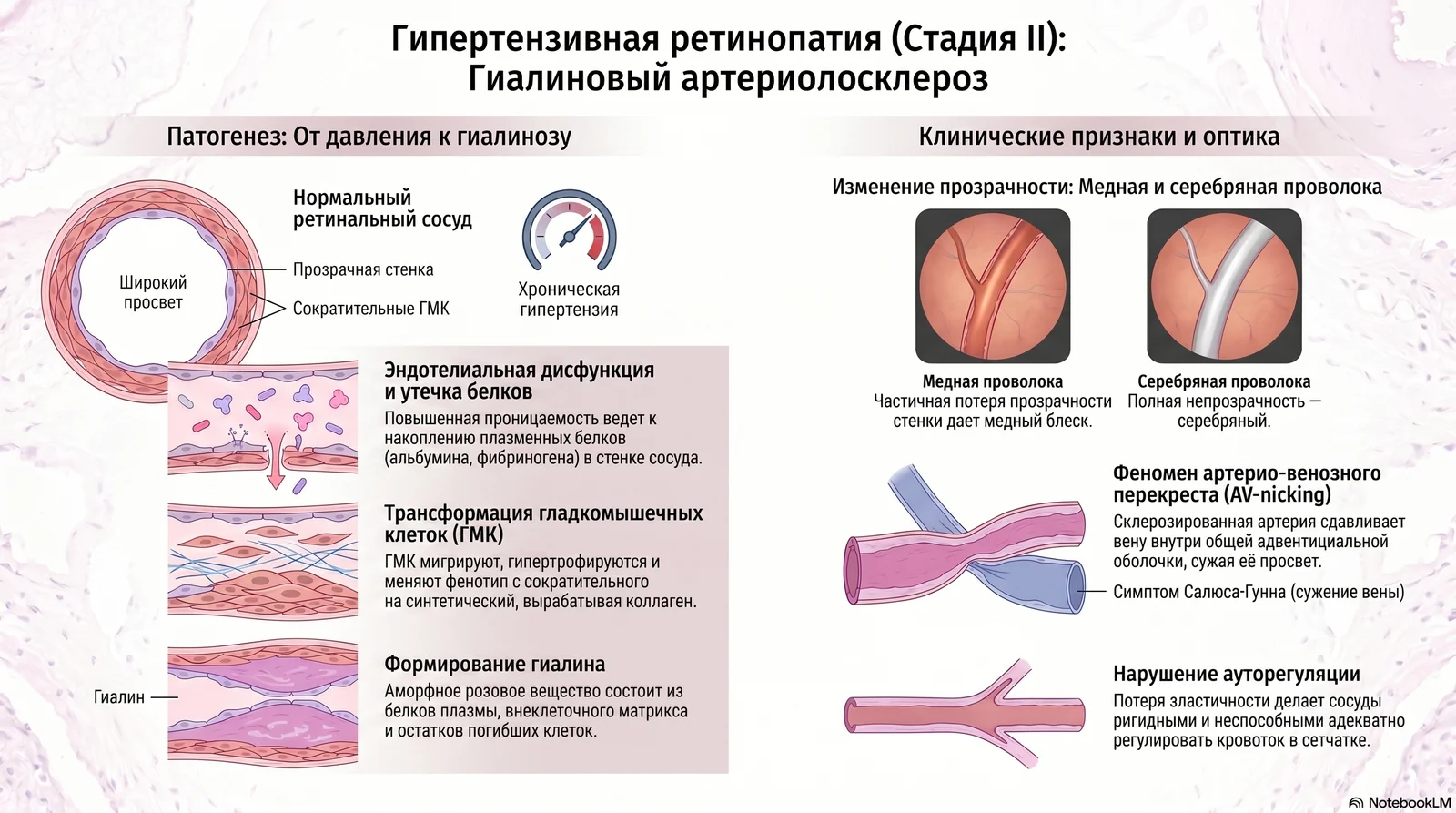 Инфографика: гипертензивная ретинопатия 2 стадии — медная и серебряная проволока, AV-никинг