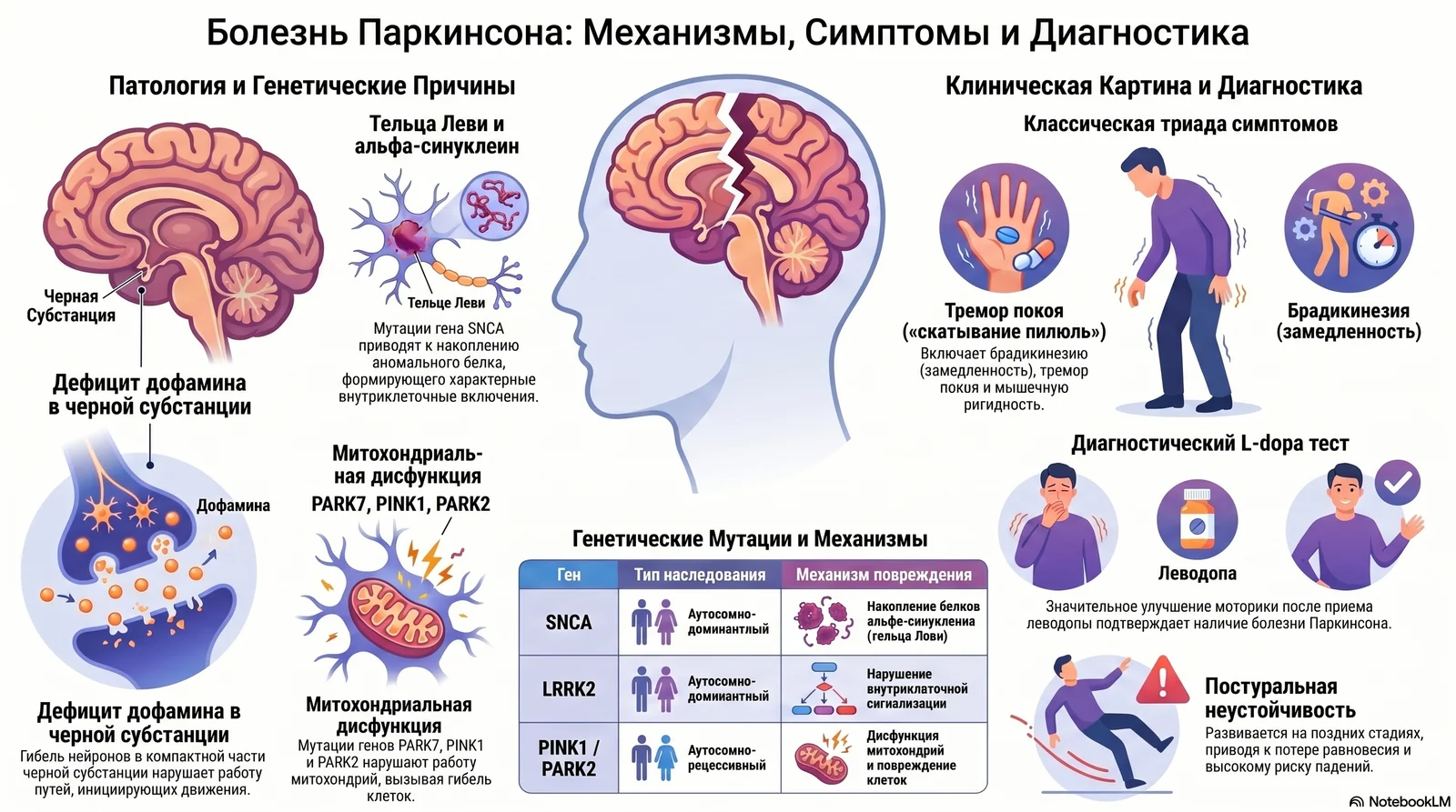Инфографика: механизмы, симптомы и диагностика болезни Паркинсона — патология, генетика, клиническая картина, L-dopa тест