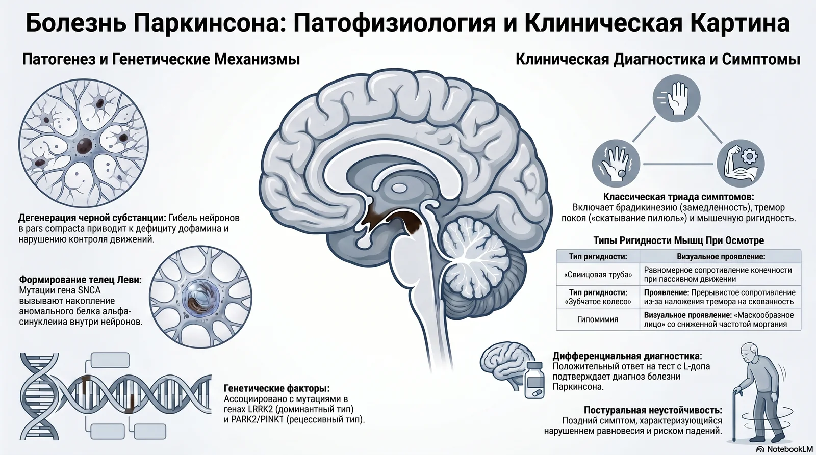 Инфографика: патофизиология и клиническая картина болезни Паркинсона — дегенерация чёрной субстанции, тельца Леви, классическая триада симптомов, типы ригидности