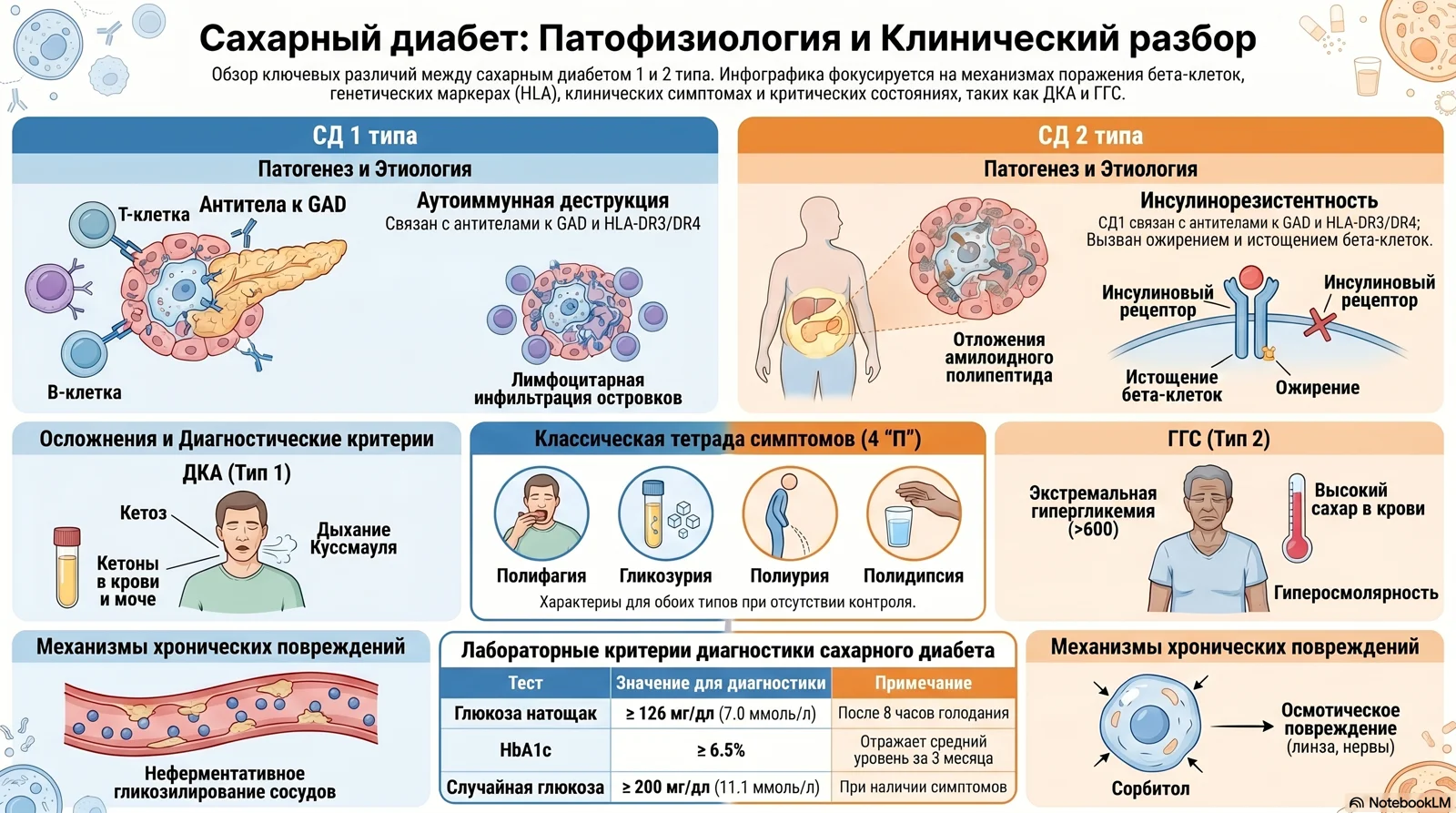 Инфографика: патофизиология и диагностика сахарного диабета — тип 1 и тип 2